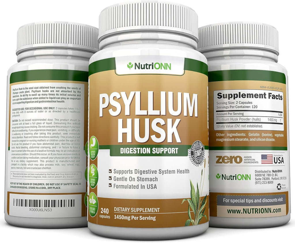 PSYLLIUM Husk Capsules - 1450mg Per Serving - 240 Capsules - Double Strength - Premium Psyllium Fiber Supplement - Great for Digestion and Regularity - 100% Natural Soluble Fiber
