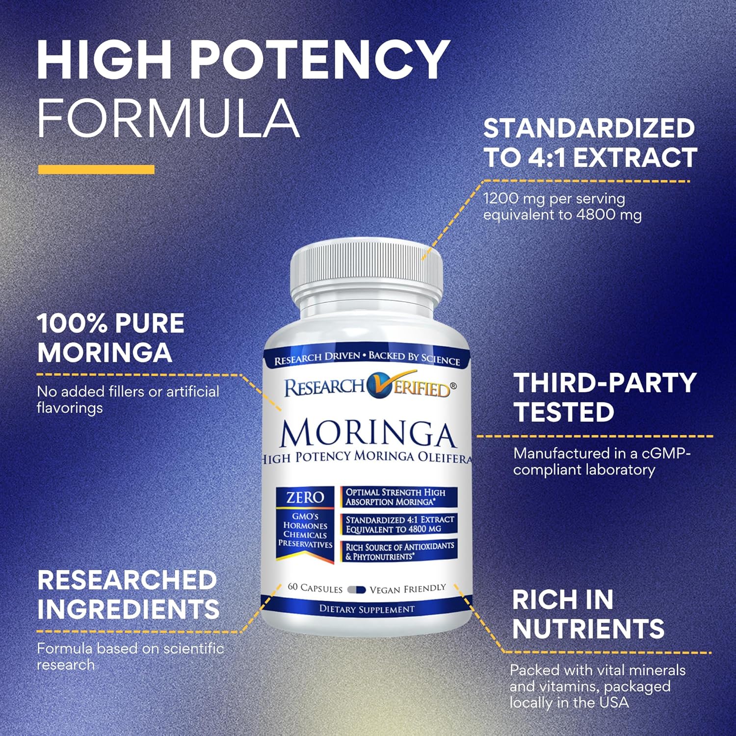 Research Verified Moringa Oleifera - 100% Pure Extract- 1200 mg Per Serving - 60 Count - 3 Month Supply