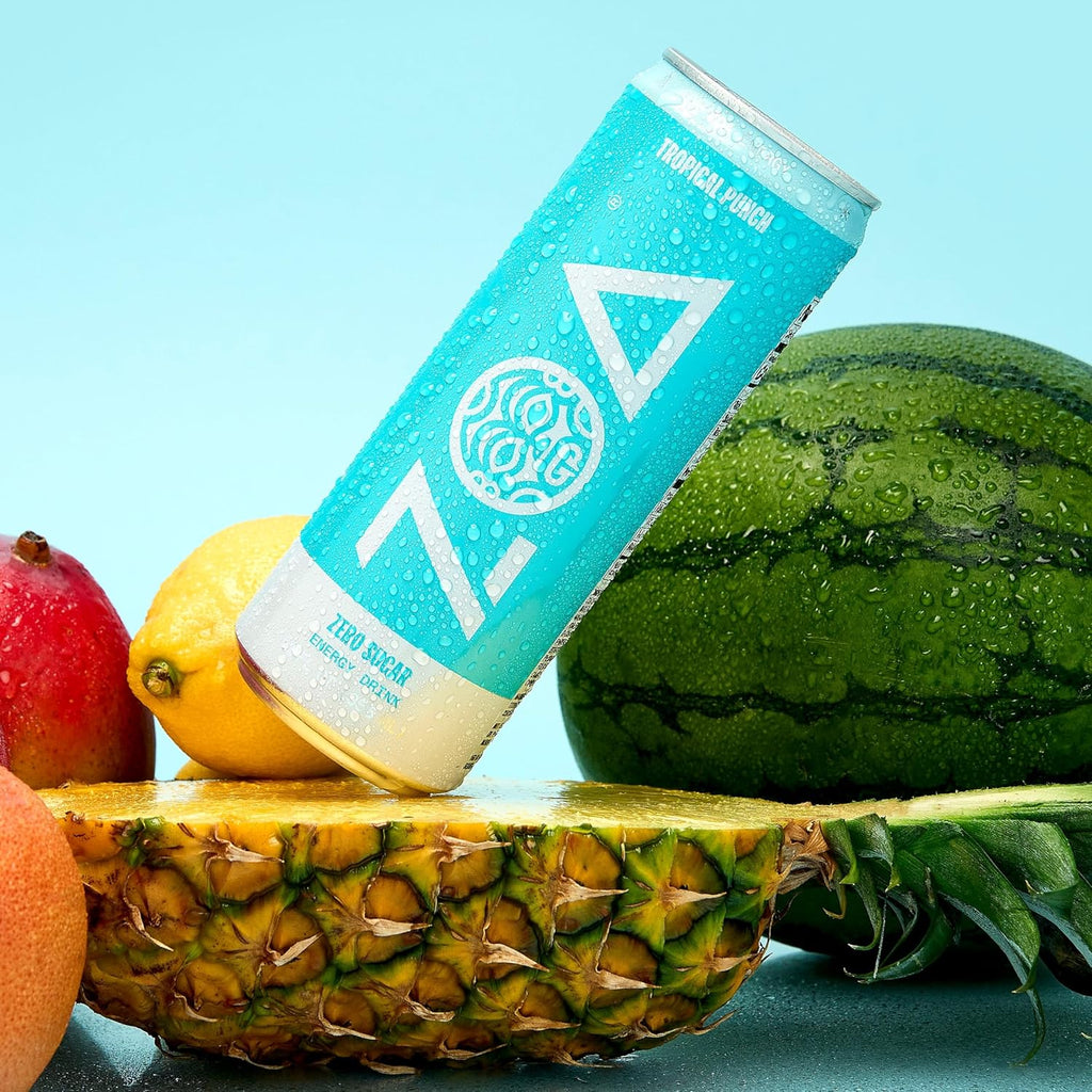 ZOA Zero Sugar Energy Drinks, Tropical Punch - Sugar Free with Electrolytes, Healthy Vitamin C, Amino Acids, Essential B-Vitamins, and Caffeine from Green Tea - 12 Fl Oz (12-Pack)
