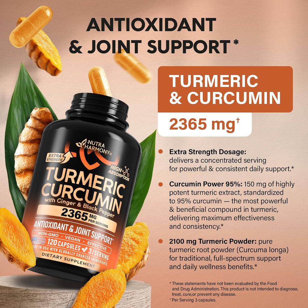 Turmeric Curcumin Supplement 2365 mg - Turmeric with Ginger & Black Pepper - Highly Bioavailable & Extra Strength 95% Curcuminoids - Antioxidant, Immunity & Joint Support - Made in USA - 120 Capsules