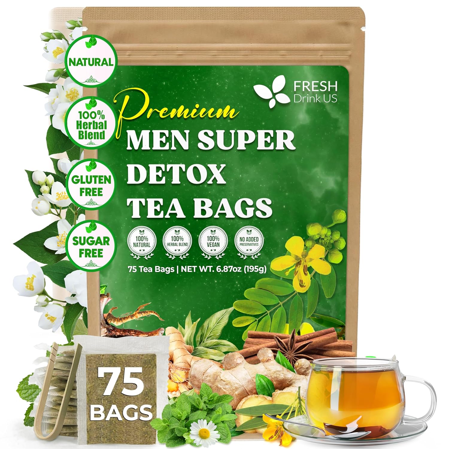 FreshDrinkUS, Premium 75 Tea Bags Men Super Detox Tea – Herbal Blend with Senna, Dandelion Root, Ginger, Peppermint & More – 100% Natural, Sugar-Free. Caffeine-Free. Gluten-Free. Vegan
