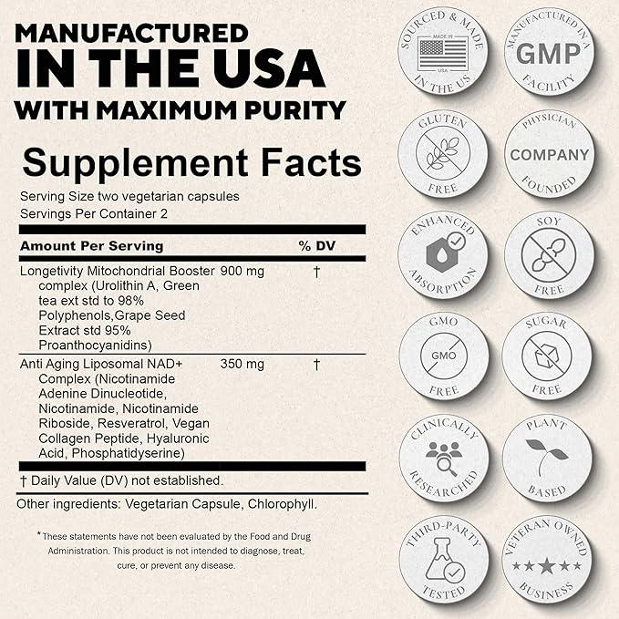 UROLITHIN+ NAD+ 1250mg Longevity Complex – Liposomal Mitochondrial Support with Urolithin A, Nicotinamide Riboside & Resveratrol – Promotes Cellular Energy, Anti-Aging & Muscle Recovery