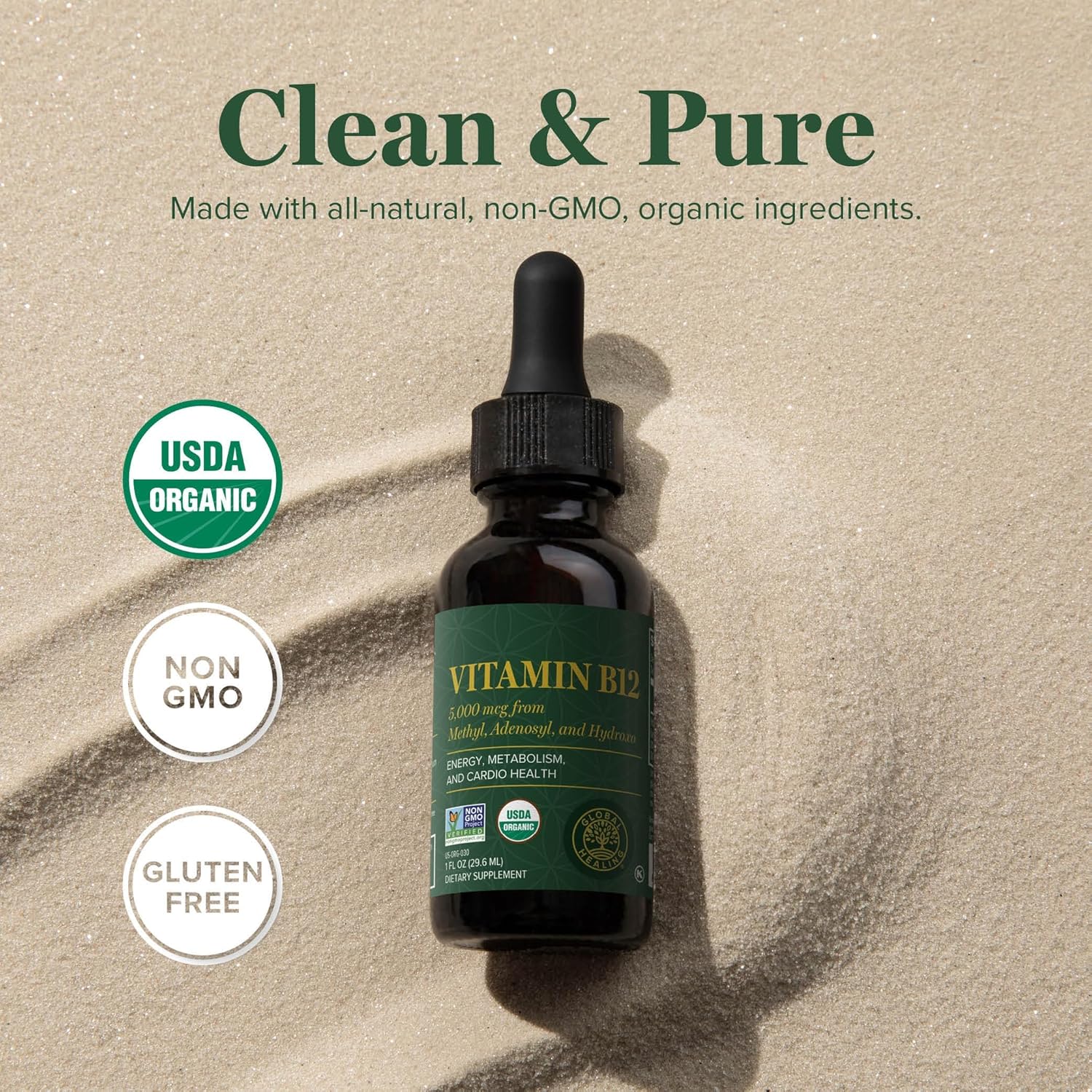 Global Healing Center - Vitamin B12 Sublingual 5000 MCG Organic Liquid Supplement, Methylcobalamin, Adenosylcobalamin, Hydroxo Long-Lasting Energy and Healthy Metabolism - Vegan B12 Vitamins (1 Oz)