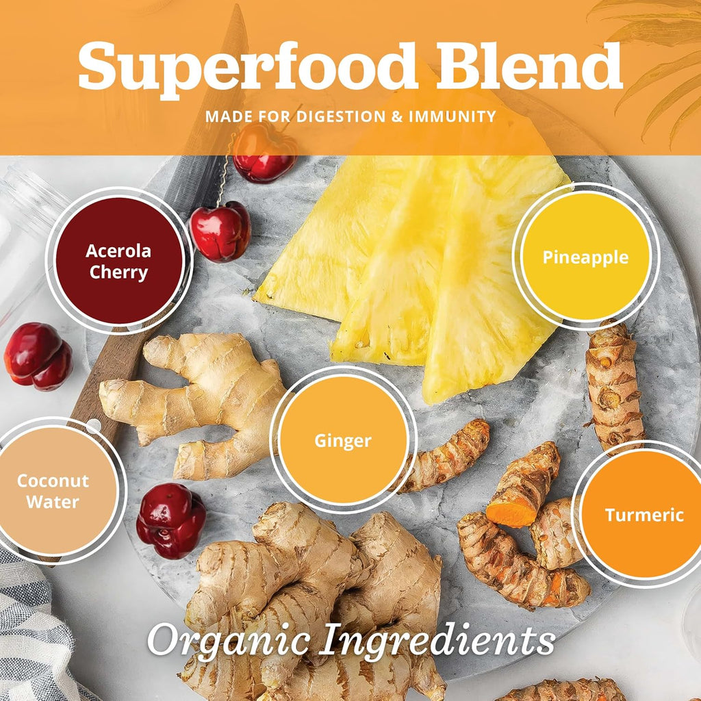 All About Juicing Ginger Shots with Pineapple & Turmeric - Superfood Juice Powder - Immunity, Digestion & Energy Support - 30 Wellness Stick Packs - PuriVibe