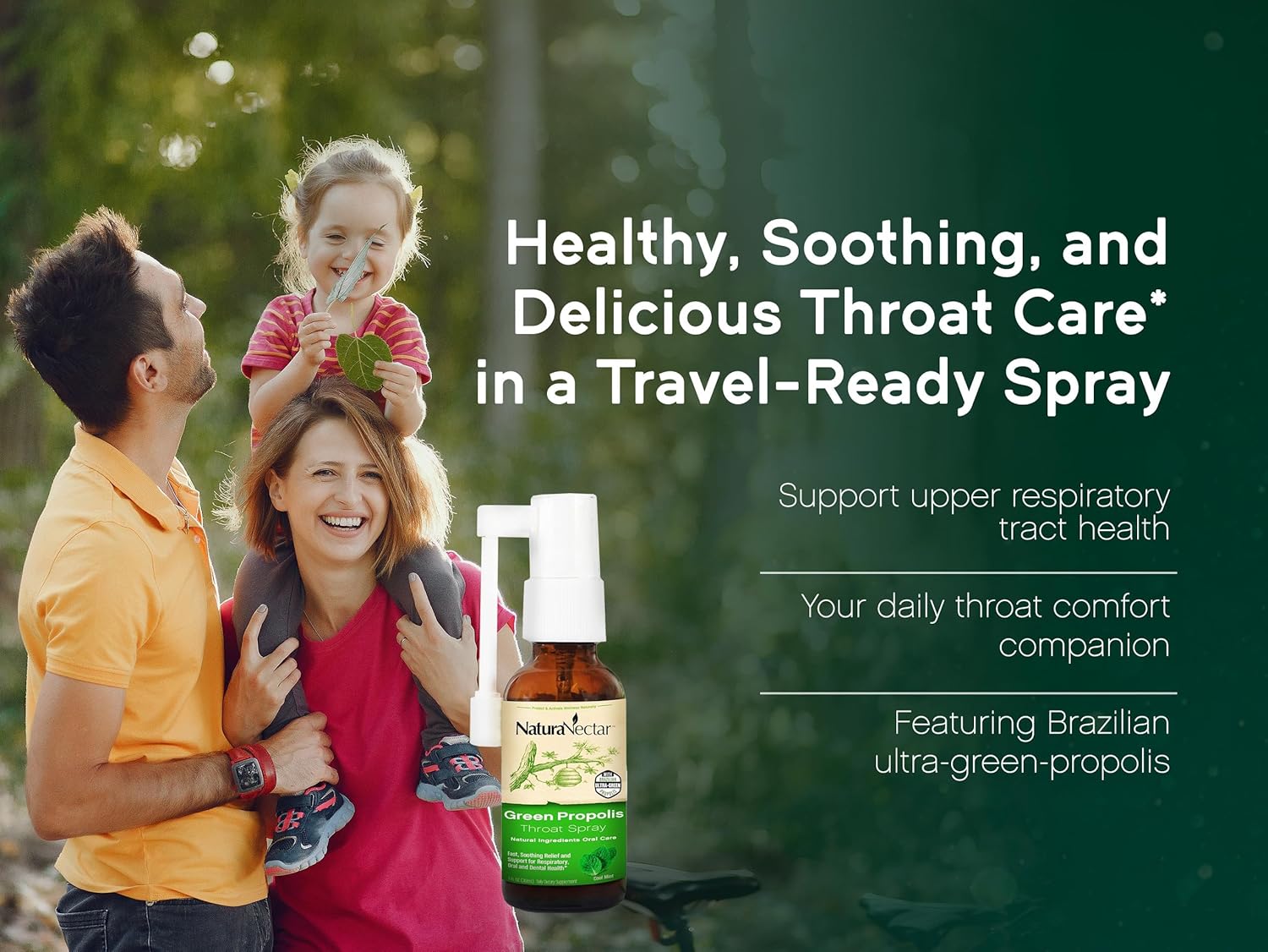 NaturaNectar - Green Propolis Throat Spray - Unique, Soothing Throat Care Relief with Brazilian Bee Propolis - Natural and Non-Alcoholic Throat Care Formula from Sustainable Beekeeping (1-Pack, 30mL)