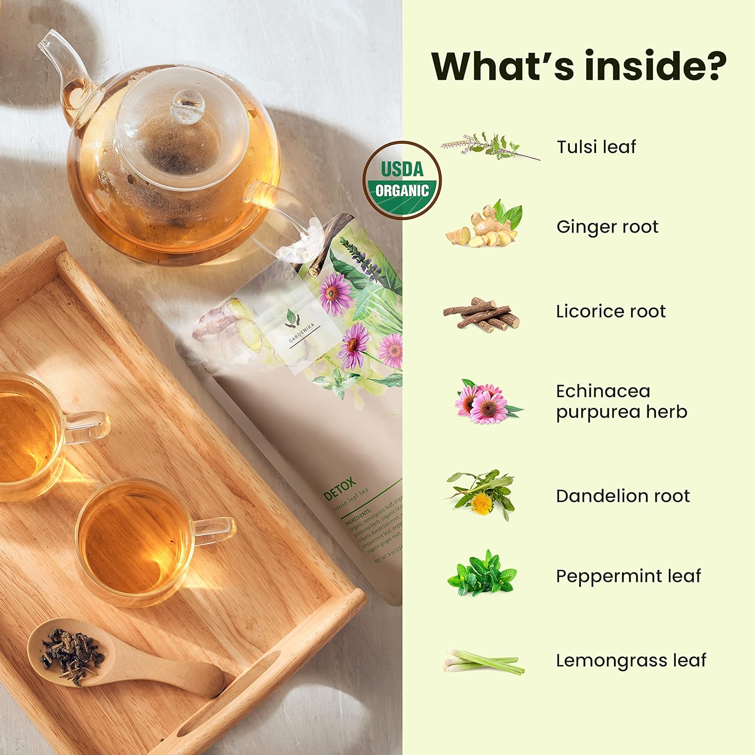 Organic Dandelion Root Detox Loose Leaf Tea, Herbal, Caffeine-Free, KSA Kosher, Ayurvedic with Lemongrass, Peppermint, Echinacea – 4 oz (1 Pack)