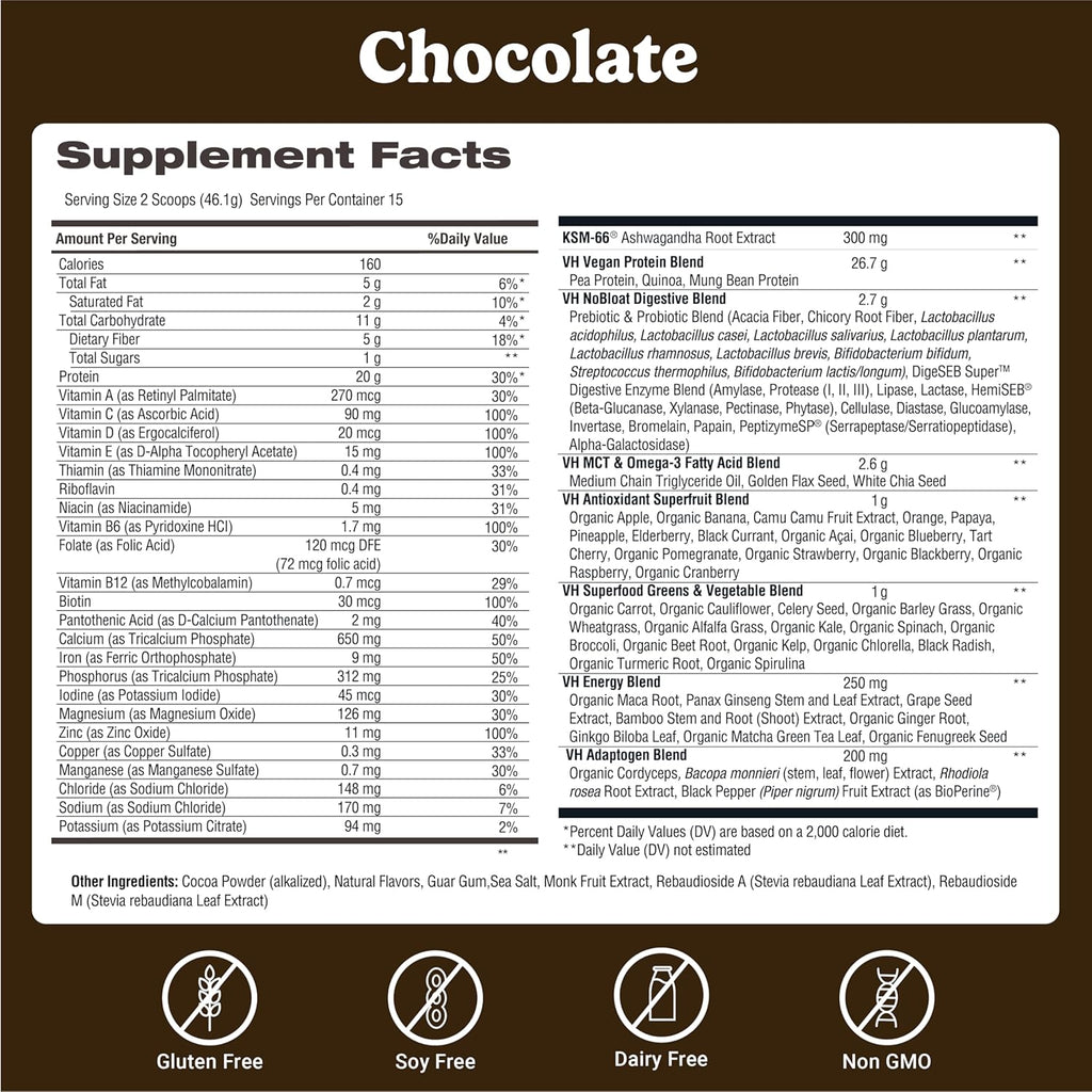 VitaHustle ONE Meal Replacement Shake - Plant Based Protein Powder by Kevin Hart - Vegan, Meal Replacement Powder with Superfoods, Vitamins, Adaptogens & Probiotics - Chocolate Flavor, 15 Servings