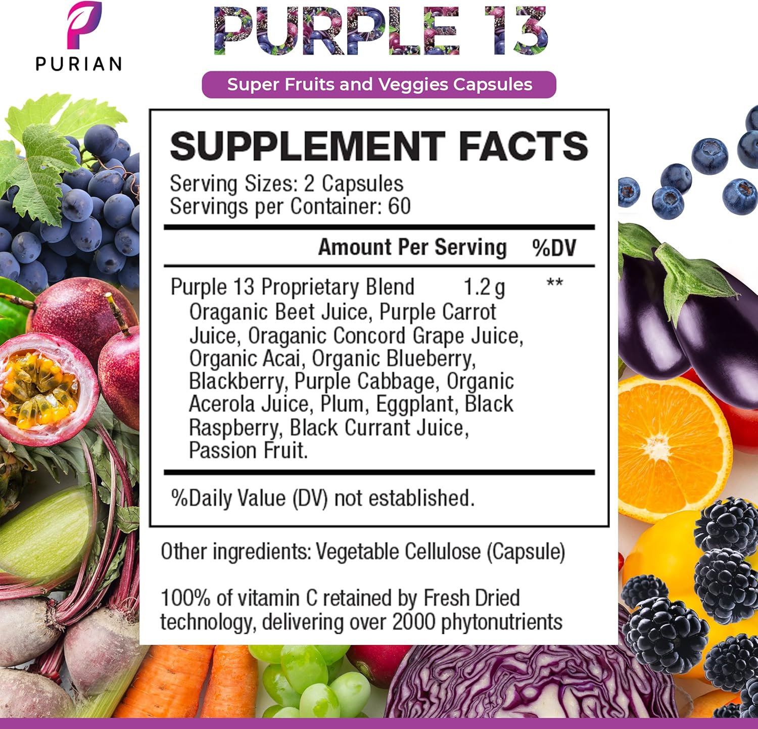PURIAN Purple SuperFood Fruit and Veggie Supplement Fresh Dried Purple Fruit and Vegetable Supplements Promotes Anti-Aging, Heart Health, Aids Memory Strength, 240 Vegetarian Capsules, 2 Pack