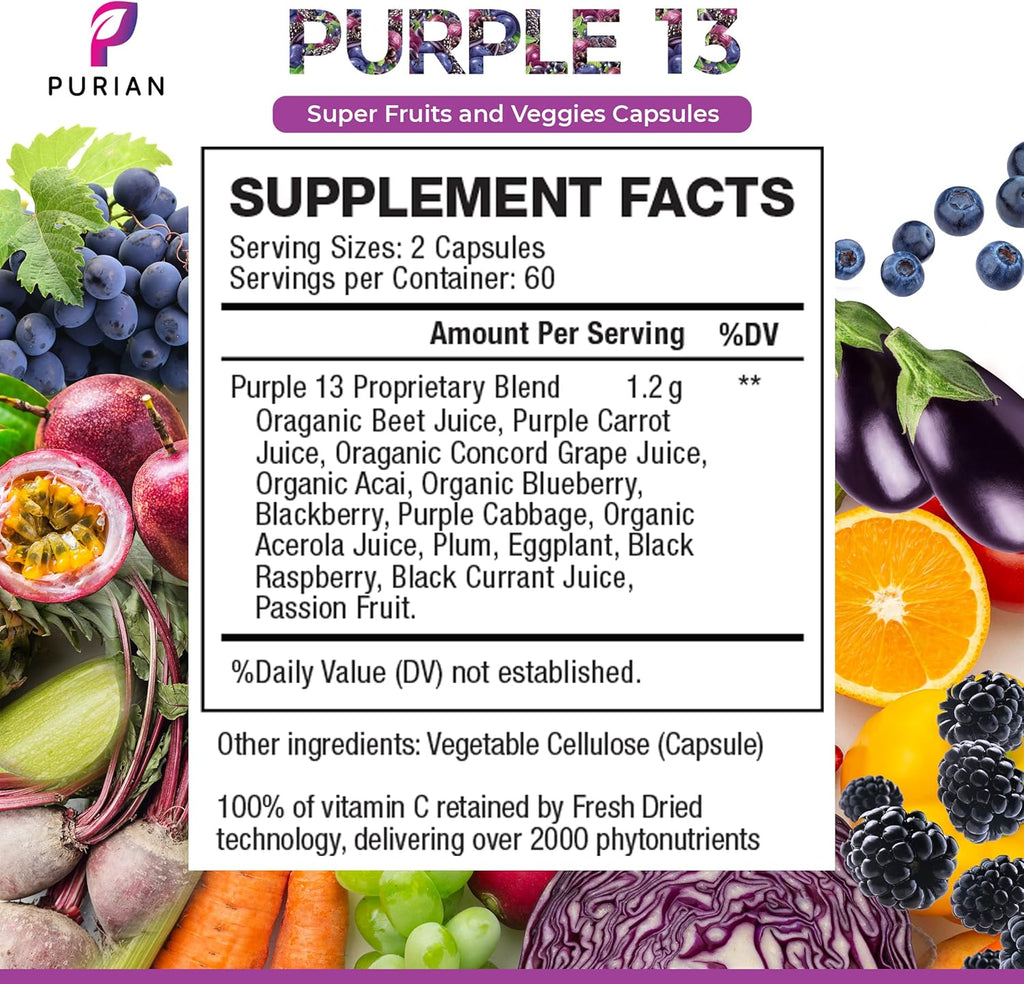 PURIAN Purple SuperFood Fruit and Veggie Supplement Fresh Dried Purple Fruit and Vegetable Supplements Promotes Anti-Aging, Heart Health, Aids Memory Strength, 120 Vegetarian Capsules