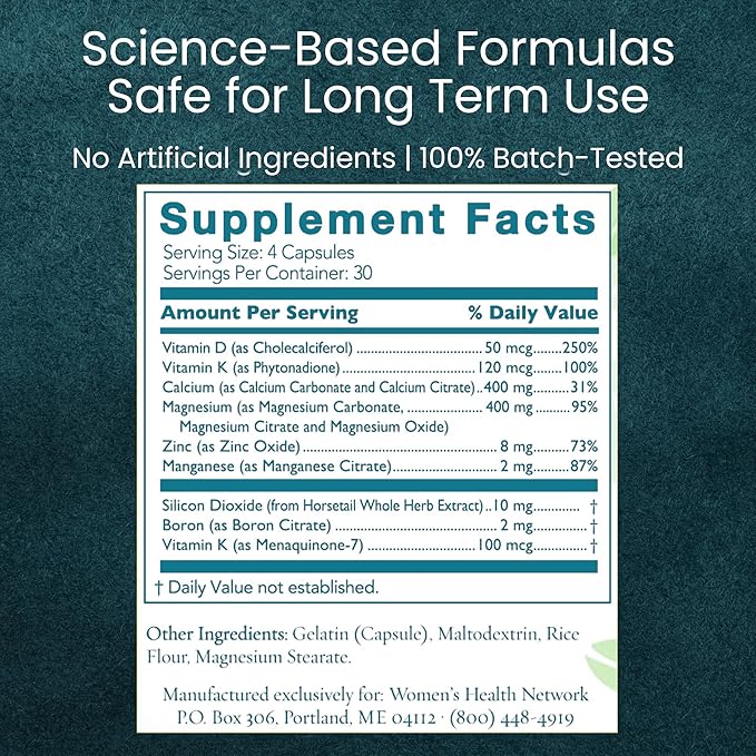 Better Bones Basics by Women's Health Network - Calcium, Magnesium, Zinc, Vitamin D, Vitamin K, Manganese, and Boron - 120 Capsules