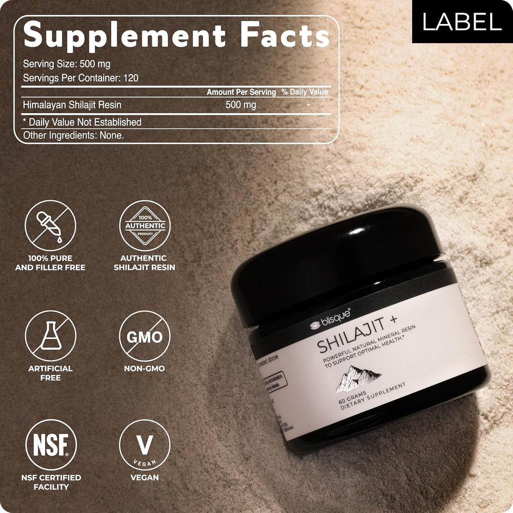 Blisque – Pure Himalayan Organic Shilajit Resin Supplement | Authentic and Natural | Golden Grade A | Contains Fulvic Acid and Trace Minerals | 60 Grams