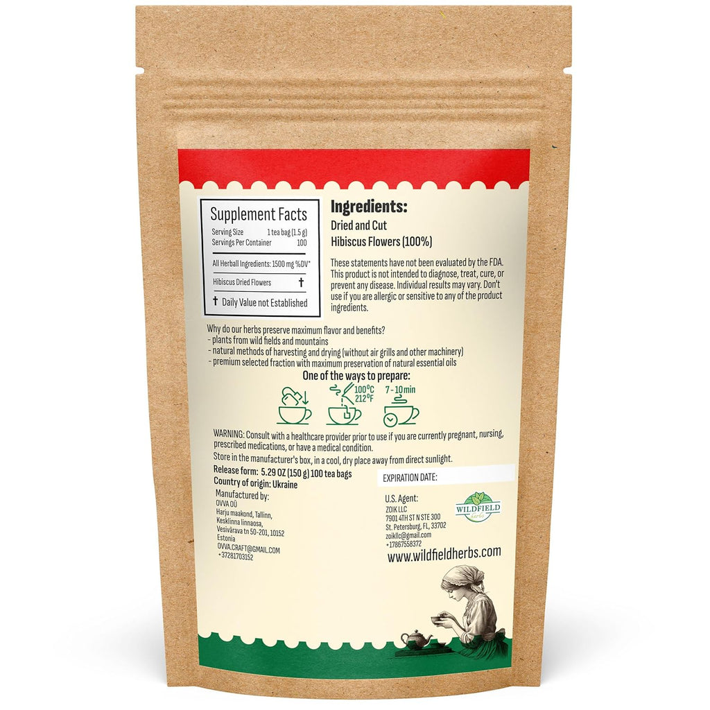 100 Bags Dried Hibiscus Flower Tea Herbal Flor De Jamaica (Hibiscus) - 100 Count 1.5g Tea Bags Dry Dried Hibiscus Flowers Herb Hibisko