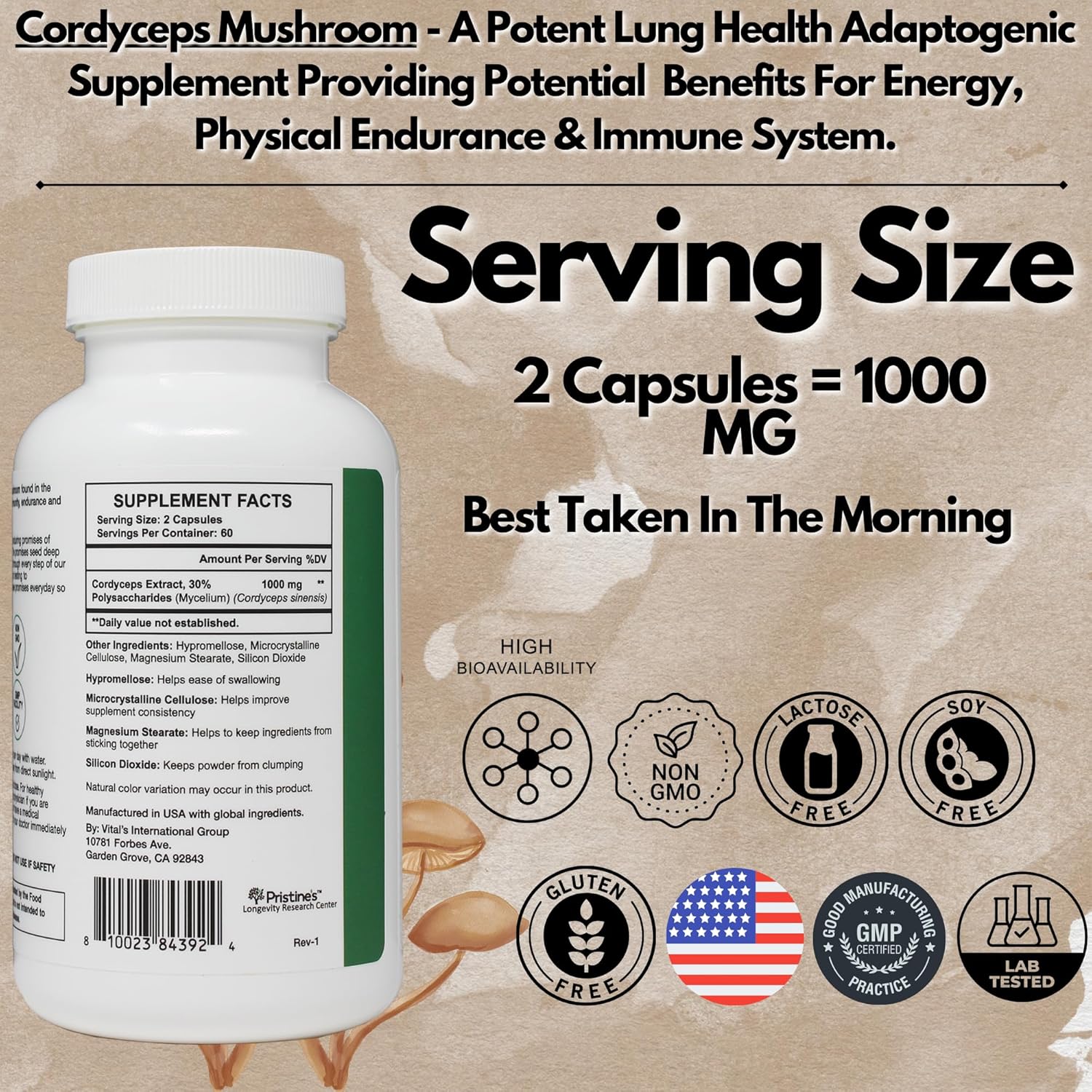 PRISTINE'S Cordyceps Mushroom Capsules - 60 Day Supply 1000 MG - Athletic Performance, Endurance & Immunity Adaptogen Supplement - Anti Aging Support Antioxidant