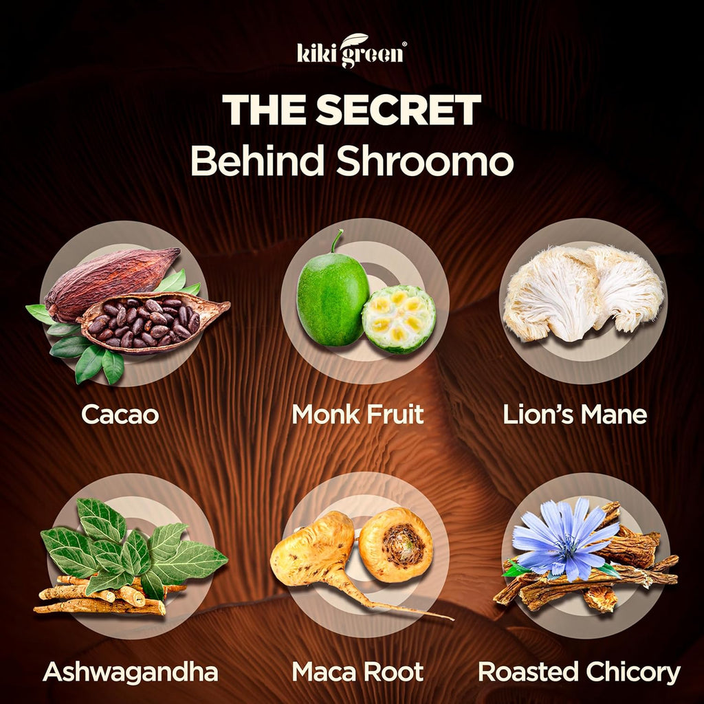 Shroomo Mushroom Coffee Alternative - Master Blend of Lion's Mane, Ashwagandha, Maca Root, Roasted Chicory, Monk Fruit For Mental Clarity, Energy, Focus - Cacao Hot Chocolate Drink 8 oz by KIKI Green
