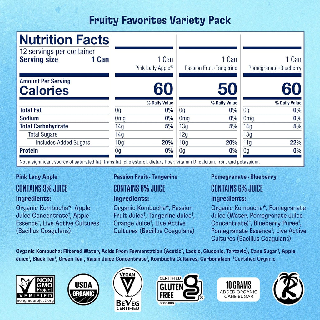 Health-Ade Organic Kombucha Tea, Fruity Favorites Variety Pack, 12-Pack (11.5 Fl Oz Cans) - Fermented with Probiotics, Supports Gut Health, Non-GMO, Vegan, Gluten-Free