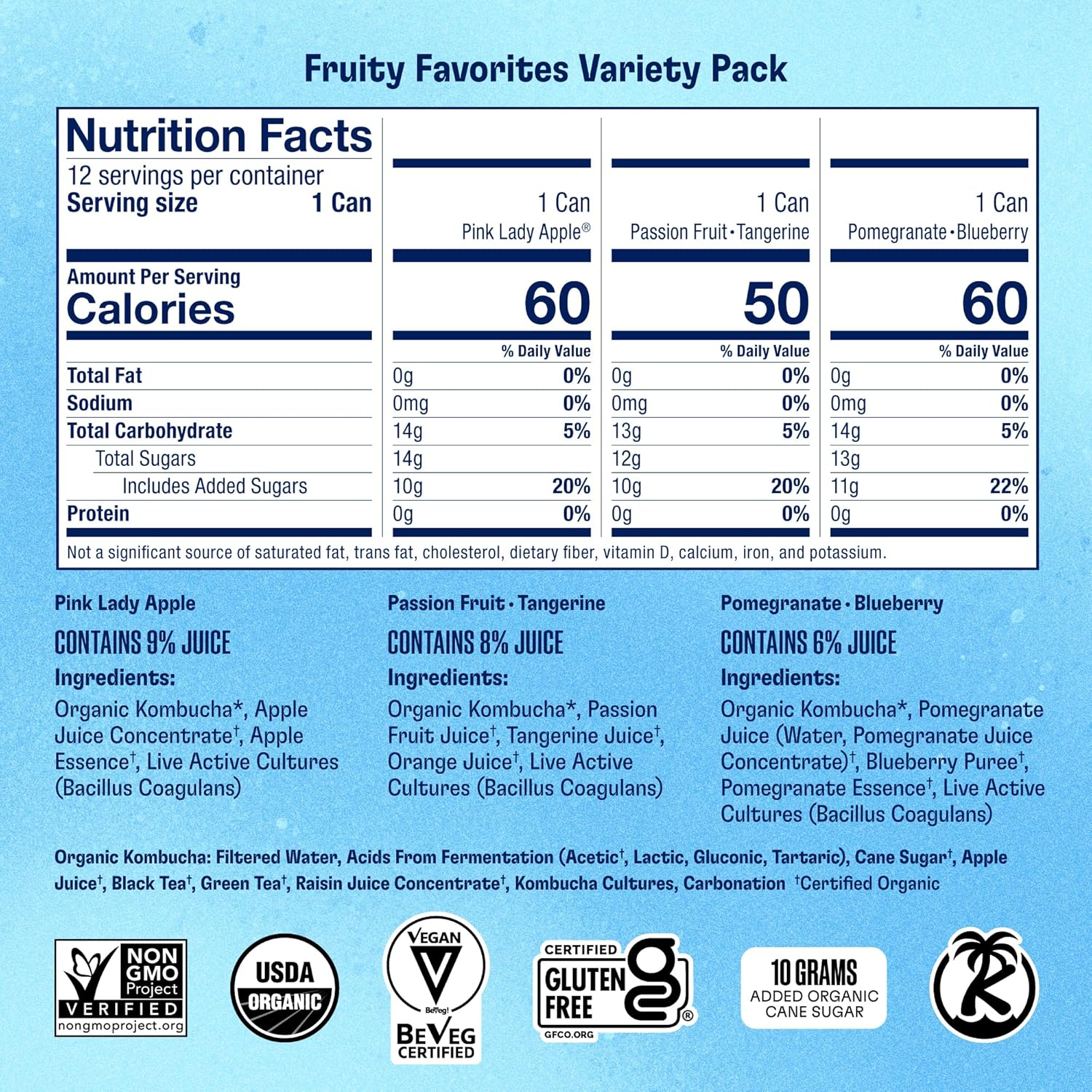 Health-Ade Organic Kombucha Tea, Fruity Favorites Variety Pack, 12-Pack (11.5 Fl Oz Cans) - Fermented with Probiotics, Supports Gut Health, Non-GMO, Vegan, Gluten-Free