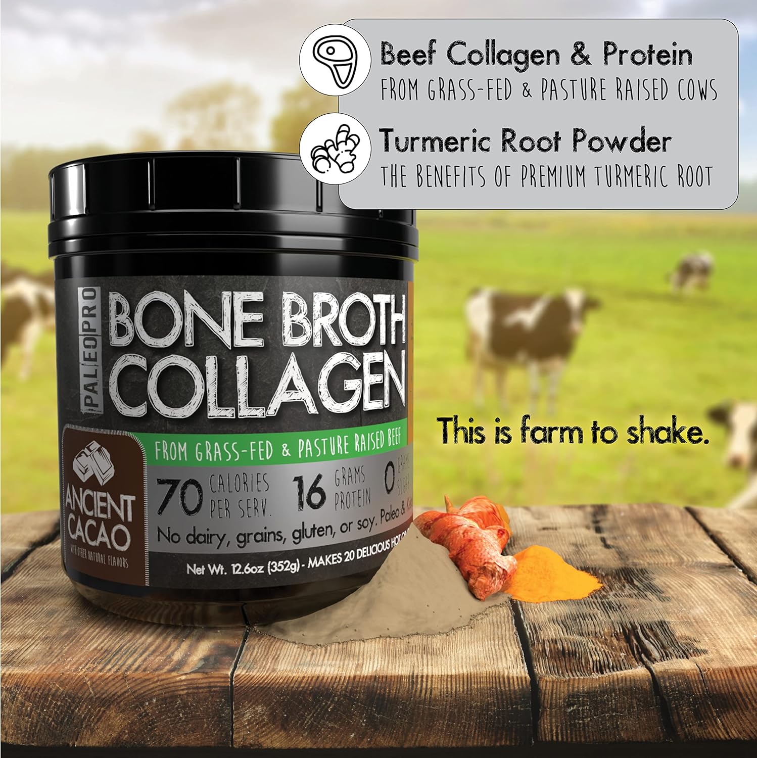 PaleoPro Bone Broth Collagen Protein Powder - Turmeric Root Grass-Fed Collagen Powder for Skin & Bones - Gluten Free, No Sugar, Soy, Grains, Net Carbs - Paleo & Keto Friendly 20 Servings Ancient Cacao