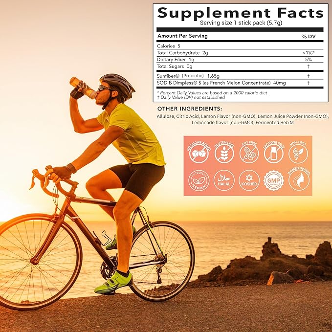Skin Health & Energy Boost Drink Mix- Sugar Free, SOD B (TM), Antioxidants from French Melon Concentrate, On The Go Stick Packs, Lemon, 30 Pack