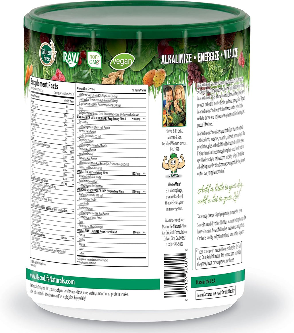 MacroLife Naturals Macro Greens Powder 38 Superfood Probiotic Antioxidant Enzyme & Herbal Supplement Immunity Energy Cleanse - Non-GMO Vegan Gluten-Free Dairy-Free - 30oz (90 Servings)