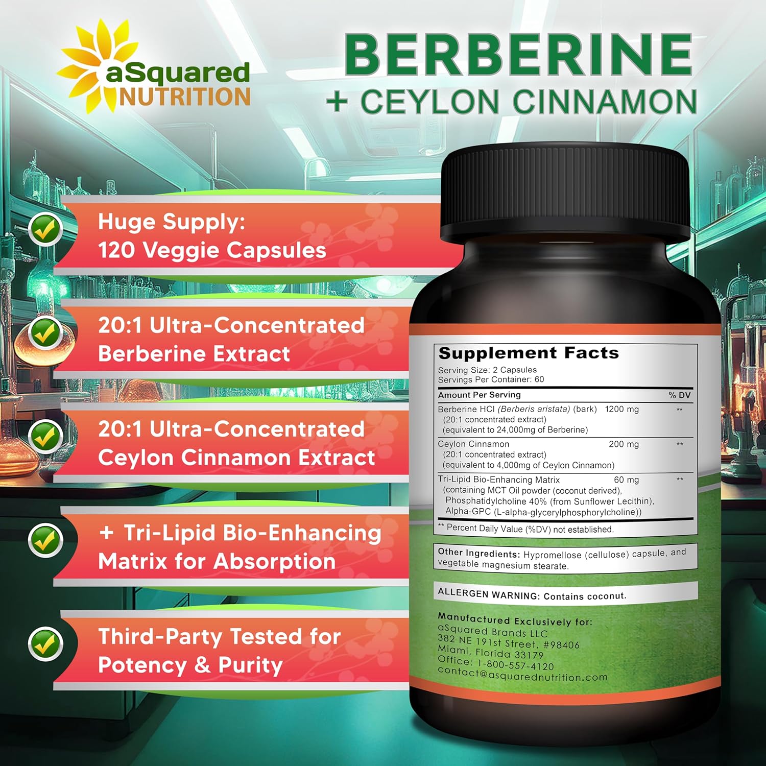 aSquared Nutrition Berberine with Ceylon Cinnamon Supplement - 1400mg Max Strength Complex - 120 Capsules - 1200mg HCl Powder Extract Plus Pills - Alternative to Gummies & Drops