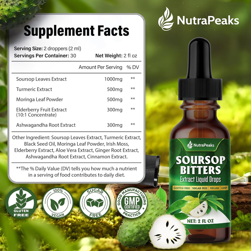 Soursop Bitters Liquid Drops – Premium Herbal Blend with Soursop Leaves, Black Seed, Moringa, Ashwagandha, Senna, Goat Weed & Ginger, 2 fl oz | Natural Botanical Blend