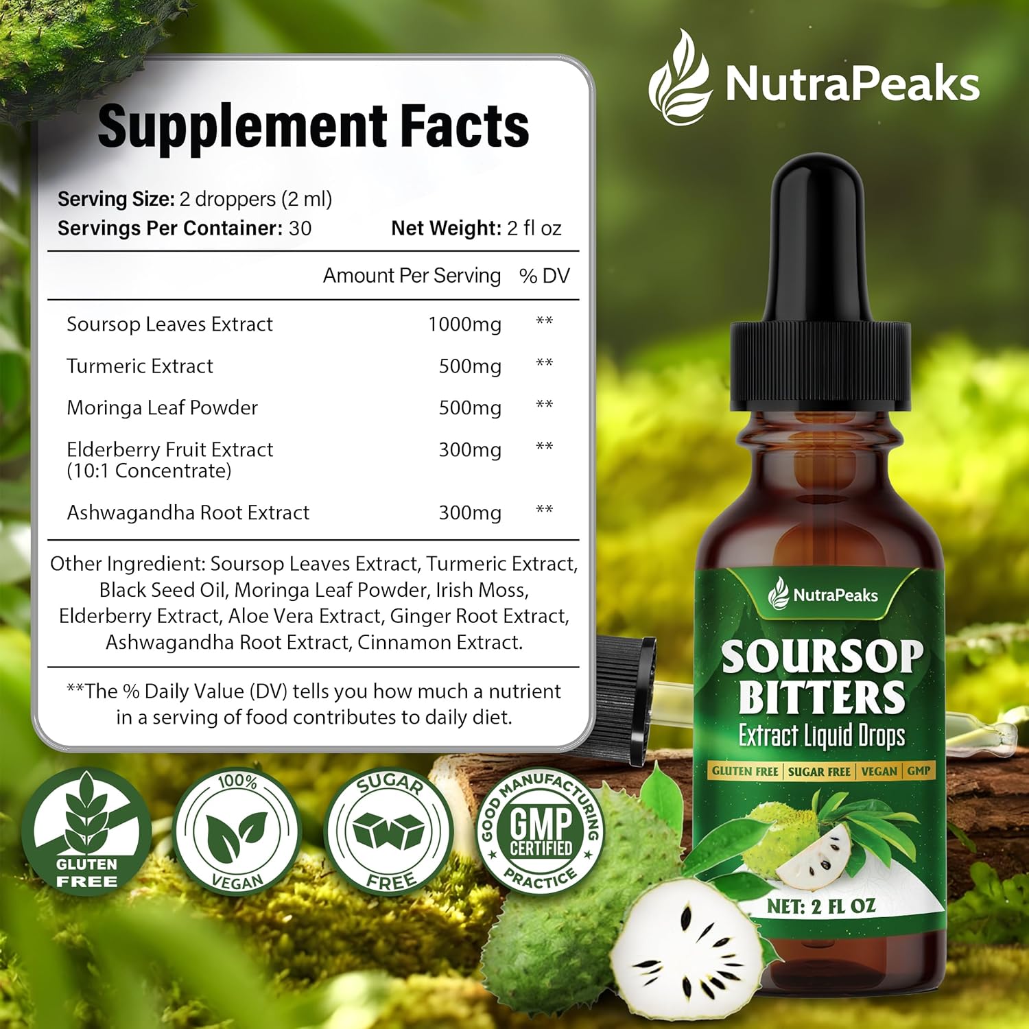Soursop Bitters Liquid Drops – Premium Herbal Blend with Soursop Leaves, Black Seed, Moringa, Ashwagandha, Senna, Goat Weed & Ginger, 2 fl oz | Natural Botanical Blend