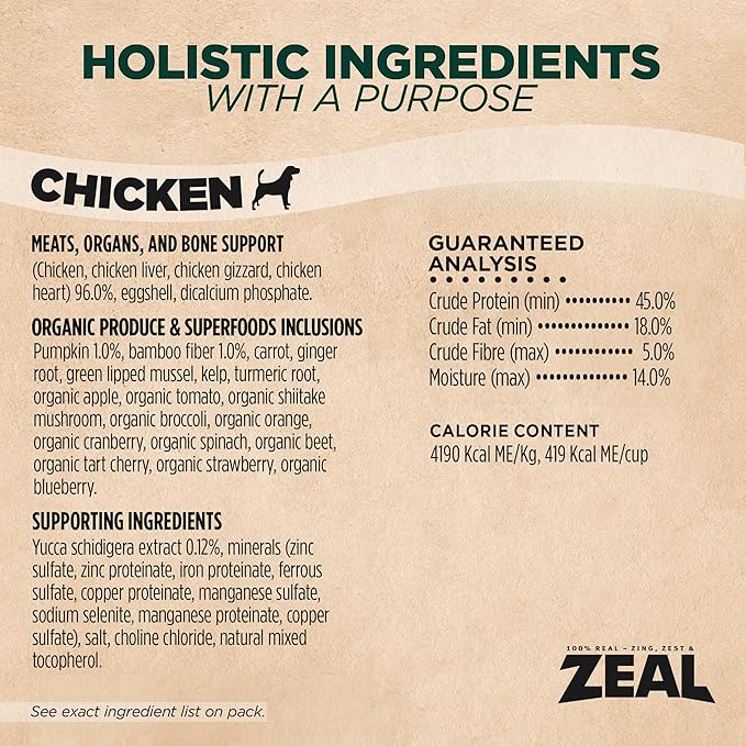 ZEAL Canada Air-Dried Chicken Recipe for Dogs - High Protein, Natural Superfoods, Nutrient Rich, No Fillers, Grain Free, Complete & Balanced (Chicken, 2.2 lb)