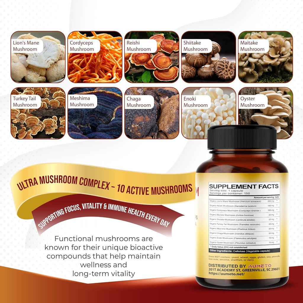 Ultra Mushroom Complex 10 in 1 Formula - with Lion's Mane Reishi Cordyceps Shiitake Turkey Tail Chaga (150 Count (Pack of 1))
