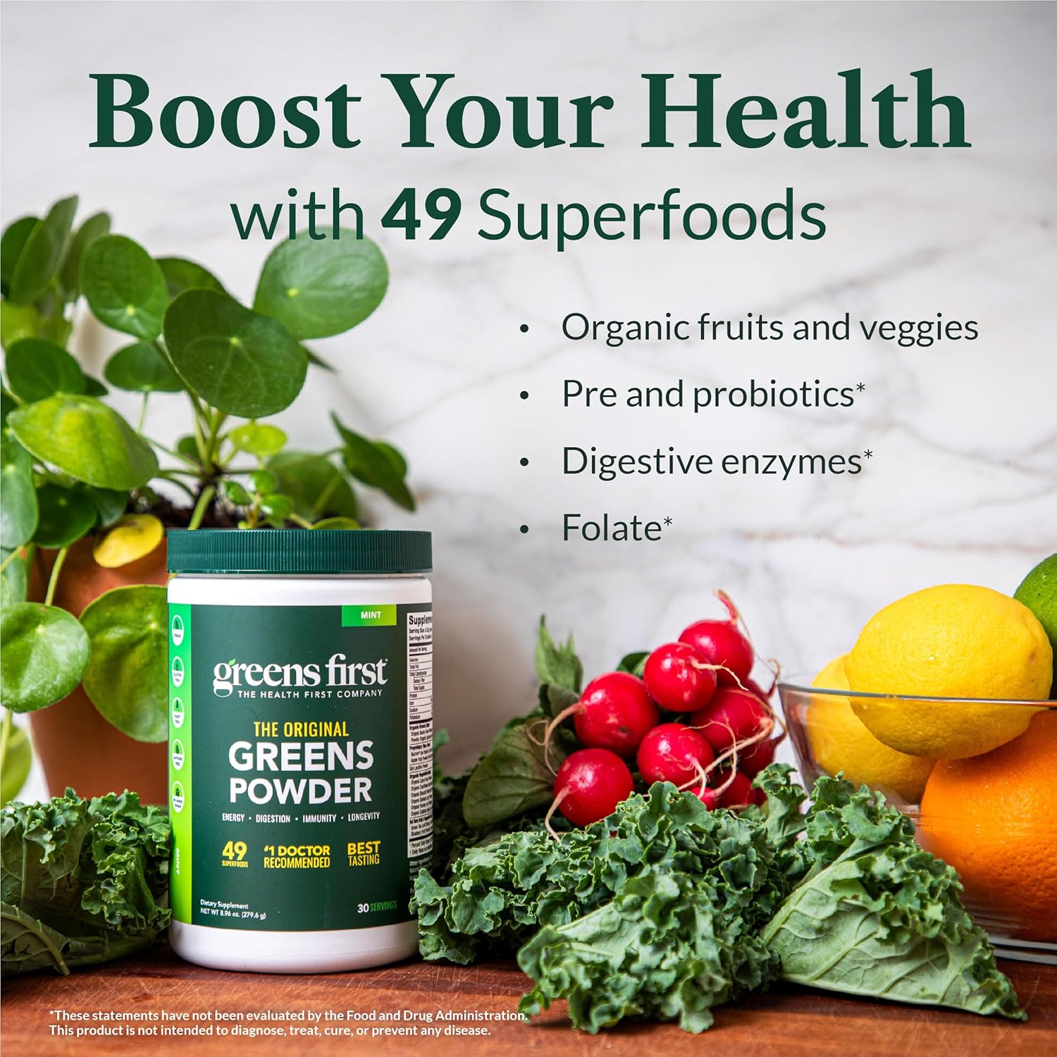 Greens First Original Greens Powder - 49 Superfoods - Organic Fruits & Veggies - Prebiotics, Probiotics & Digestive Enzymes - Antioxidant Smoothie - Dairy Free/Vegan/Non-GMO (Peach Mango, 60 Servings)