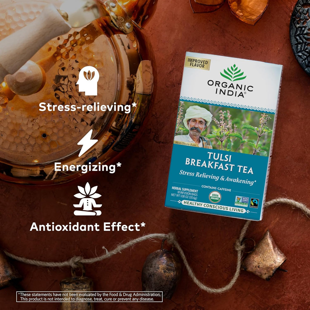 ORGANIC INDIA Tulsi Breakfast Herbal Tea - Black Tea, Holy Basil, Relieve Stress & Energize, USDA Organic, Non-GMO, Caffeinated - 18 Bags, 3 Pack