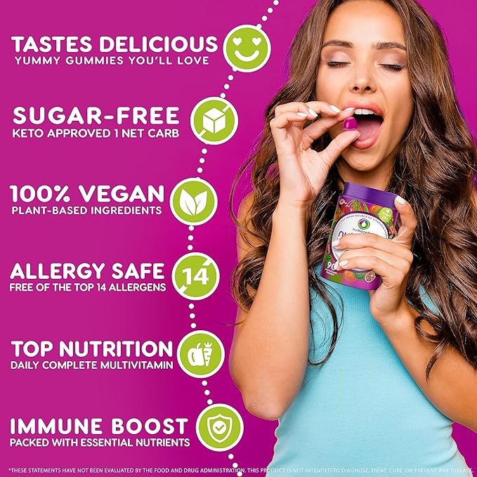 NUTRAMIN Daily Vegan Keto Multivitamin Gummies Non-GMO Natural Vitamin C, D + Zinc for Immunity, Plant-Based, Sugar-Free, Nut-Free, Gluten-Free, Biotin, Vitamin A, B, B6, B12 & More 45 Days (90 Count)