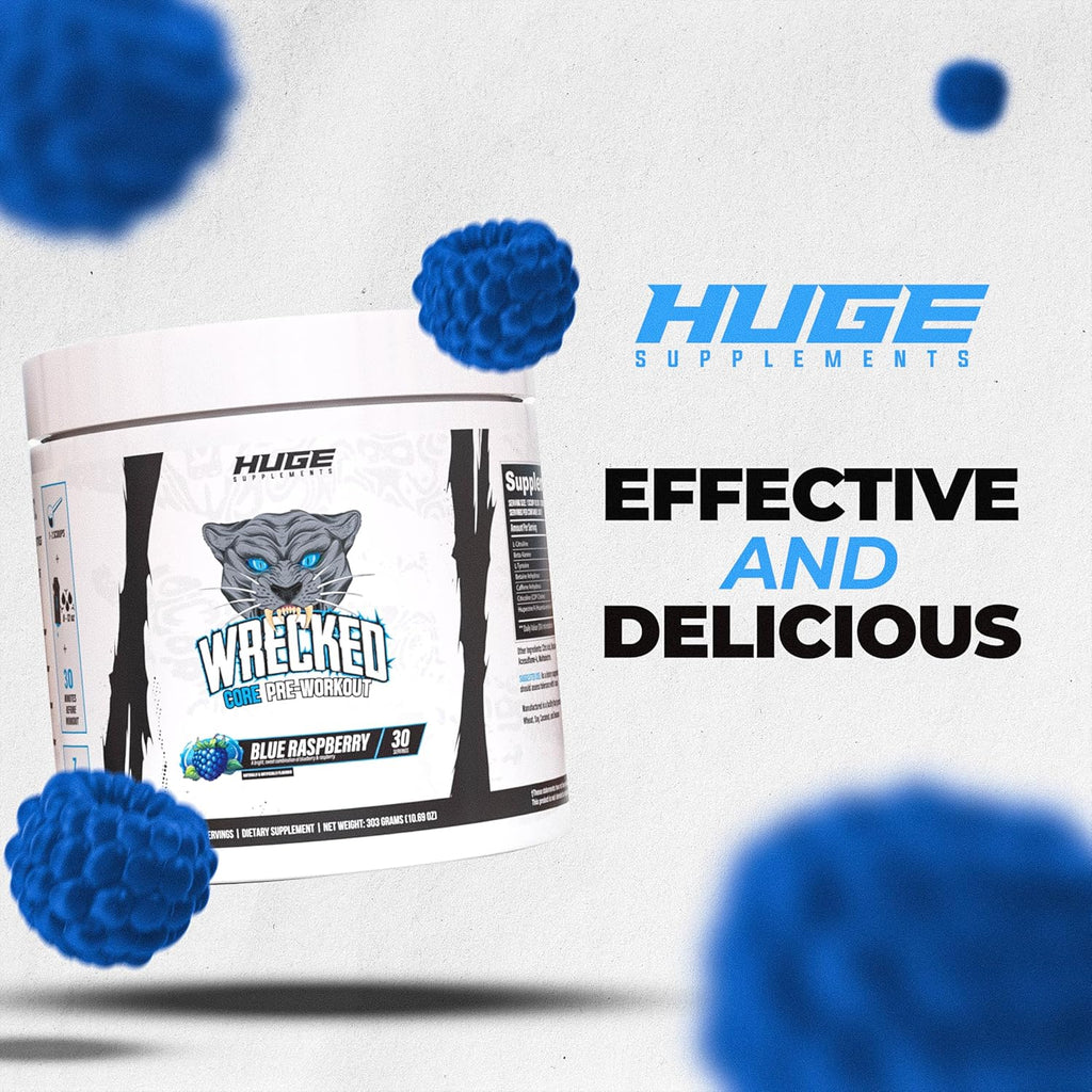 Wrecked Core - All-in-One Pre-Workout Supplement for Men & Women, Increase Energy, Focus & Pumps with L-Citrulline, Beta-Alanine, L-Tyrosine & More (30 Servings) - Blue Raspberry