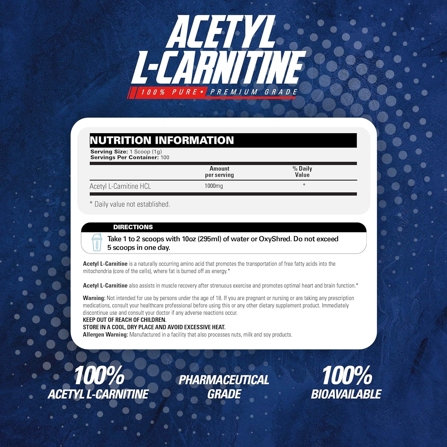 EHP Labs Acetyl L Carnitine Powder - Supports Natural Energy Production, Assists in Healthy Brain Function, Supports Heart Health, Vegan, Gluten Free, Non GMO - 100 Servings