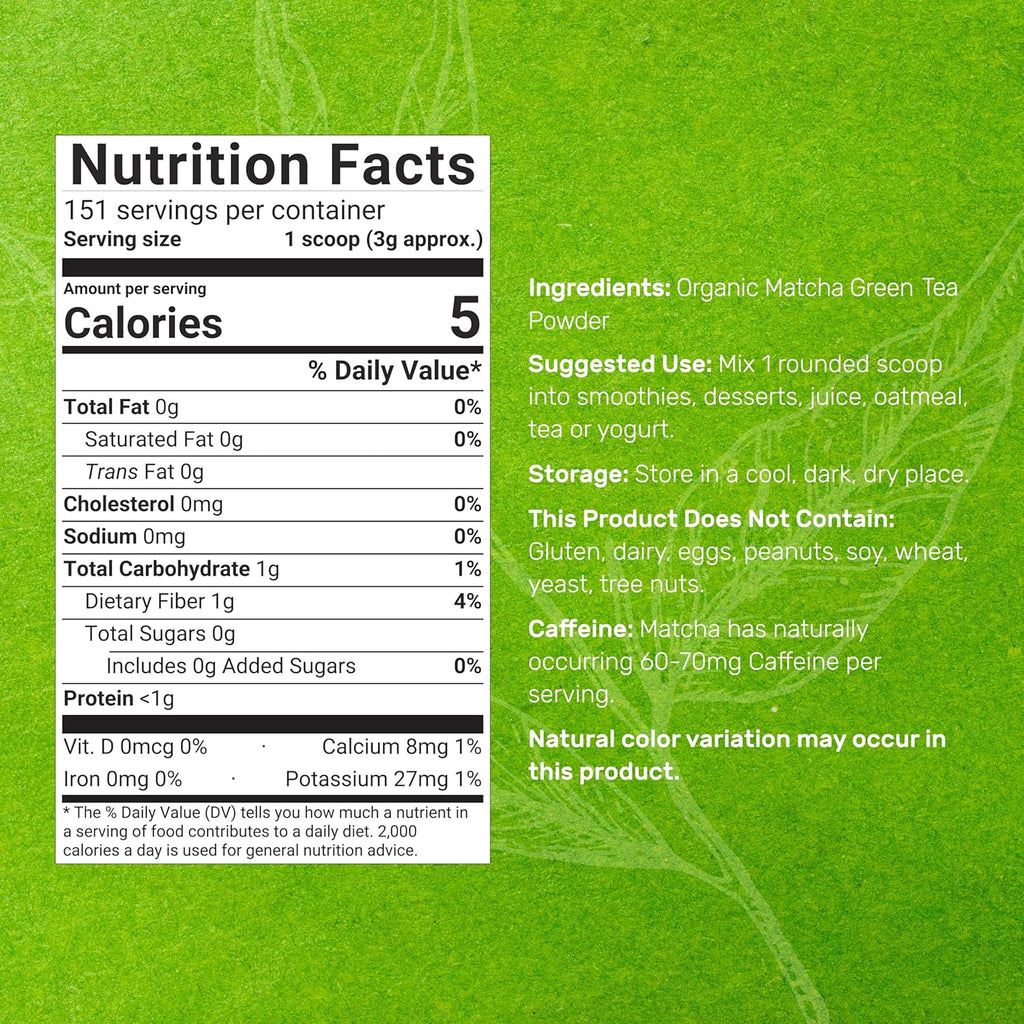 Organic Matcha Green Tea Powder, 1 lb (454g) | First Harvest, Culinary Grade | Japanese Sourced Cafe Mix | Zero Sugar, Keto Friendly, Non-GMO, Vegetarian