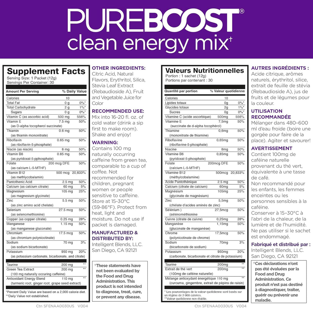 Pureboost Clean Energy Booster, Refreshing Energy Drink Mix with B12 Vitamins, Electrolytes, Antioxidants, Sugar-Free with No Sucralose (Acai Alert, 30 Count)