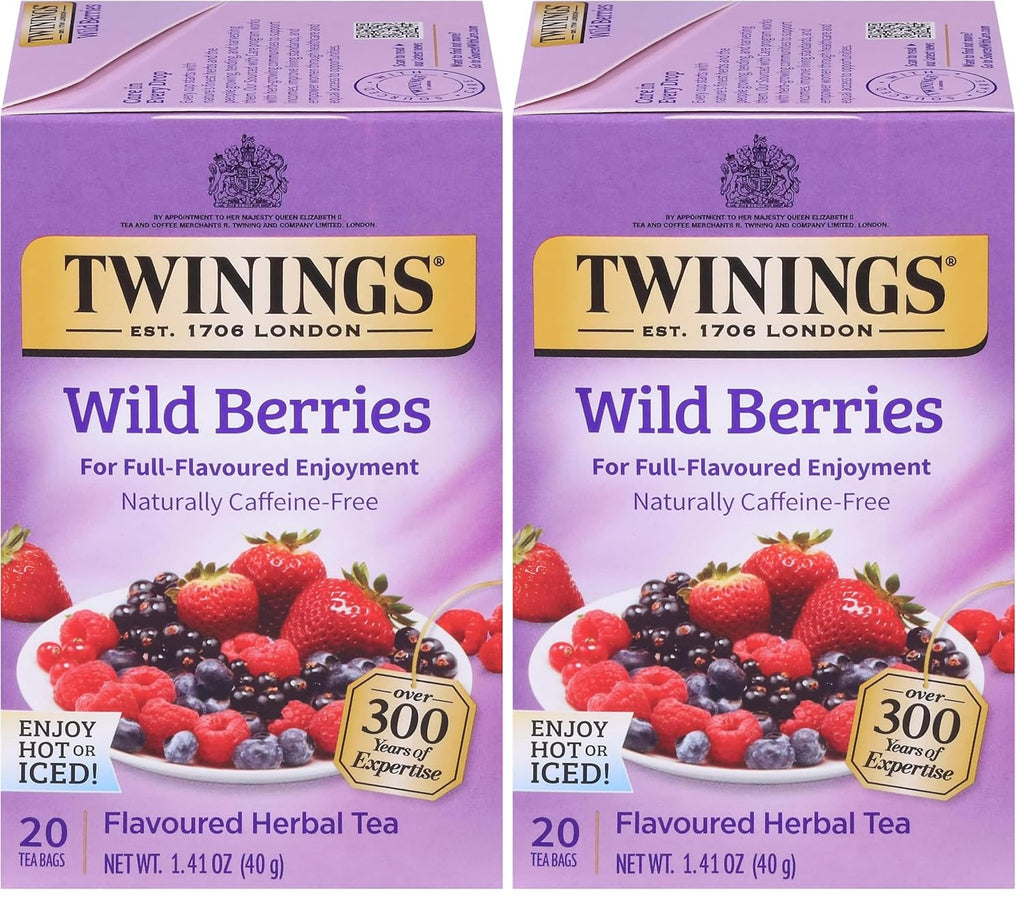 Twinings Wild Berries Herbal Tea Individually Wrapped Bags, 20 Count (Pack of 2), Full-Flavoured, Naturally Caffeine-Free, Enjoy Hot or Iced, 20 Teabags