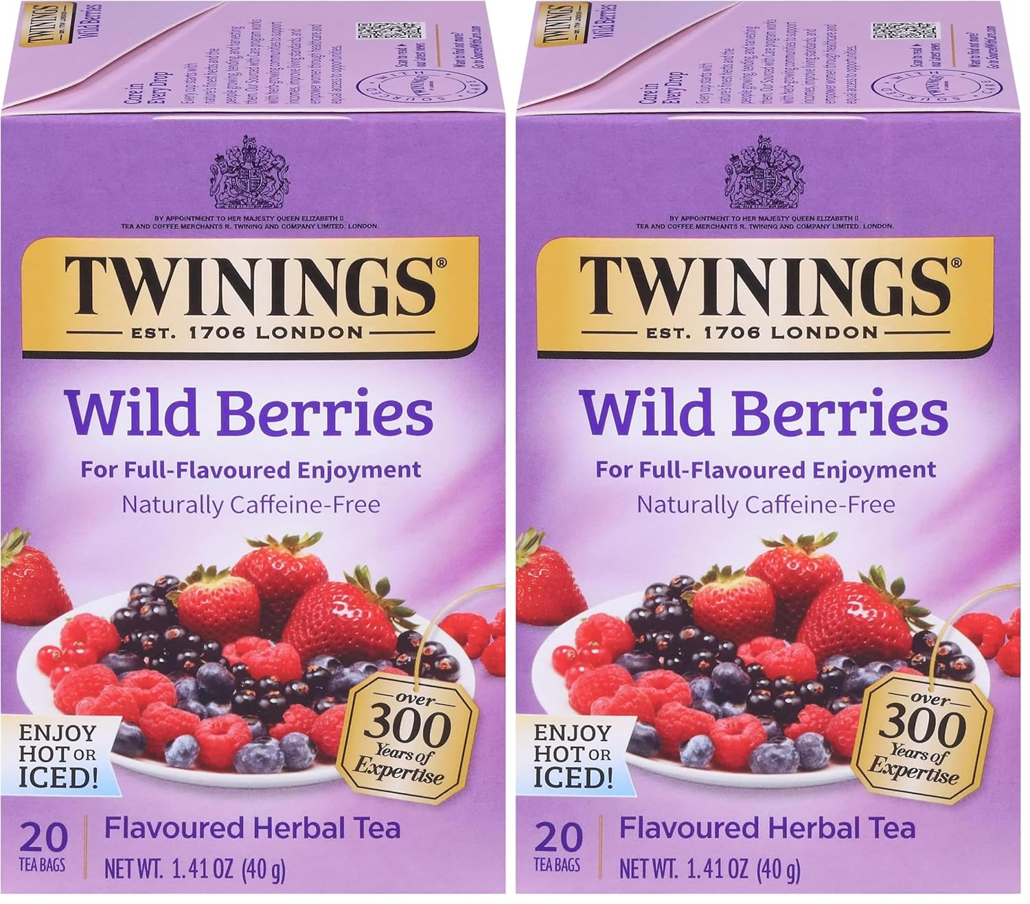 Twinings Wild Berries Herbal Tea Individually Wrapped Bags, 20 Count (Pack of 2), Full-Flavoured, Naturally Caffeine-Free, Enjoy Hot or Iced, 20 Teabags
