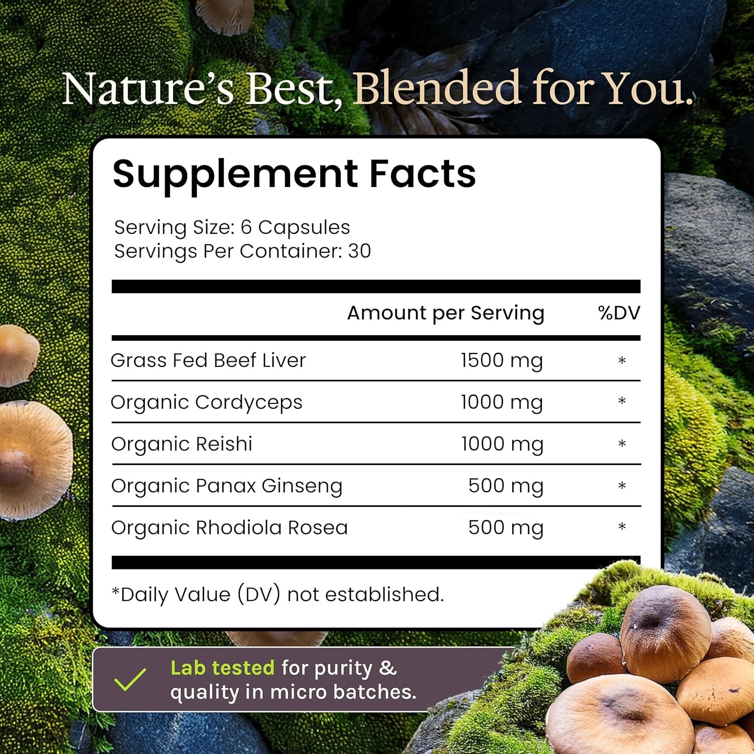 Enhanced Grass Fed Beef Liver with Reishi & Cordyceps Mushroom, Ginseng, Rhodiola - 4500mg Energy Production, Immune Support, Stress Relief, Total Body Wellness