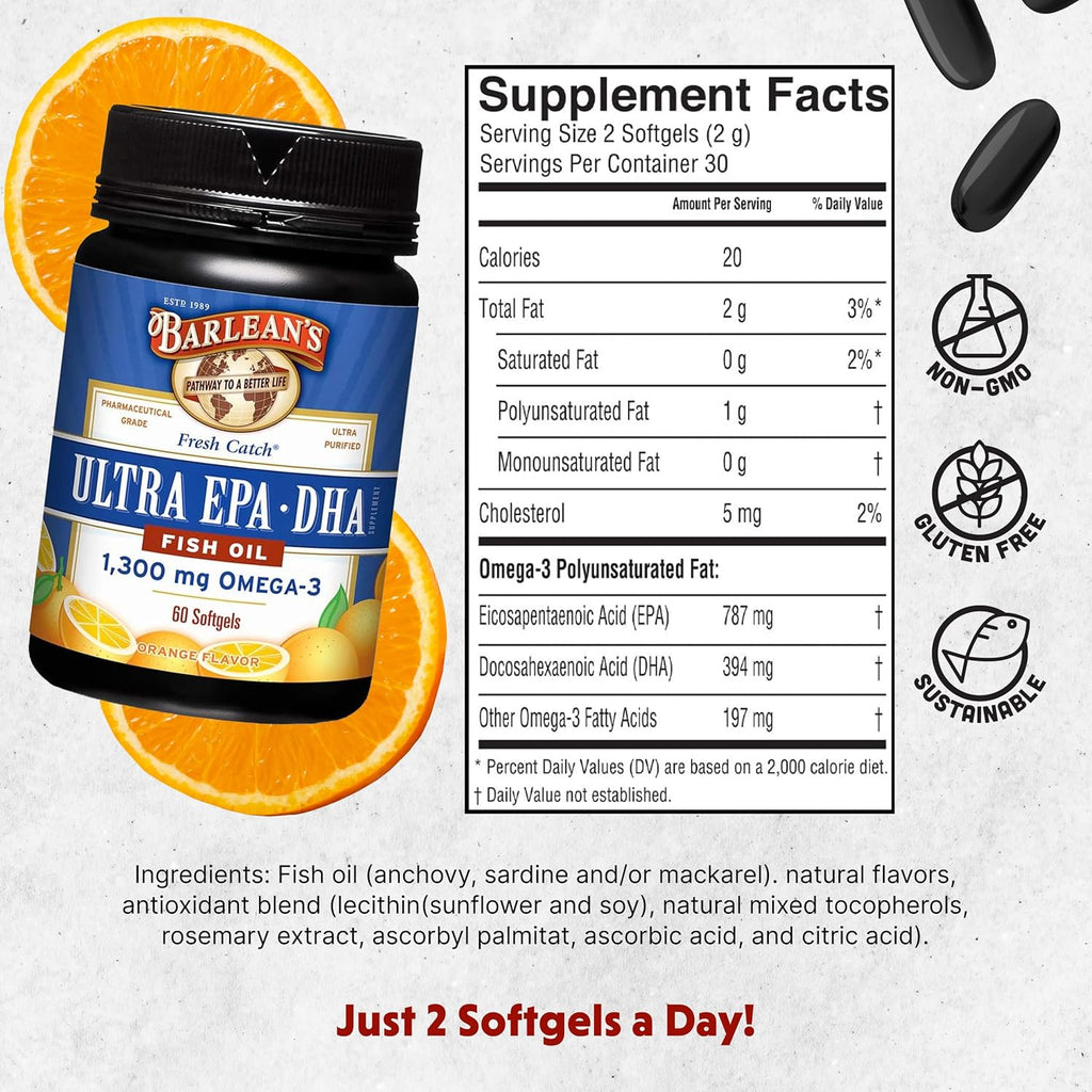 Barlean's Omega 3 Fish Oil Supplements, Supplement Softgels for Men and Women, 1300 mg Ultra EPA and DHA Fatty Acids, Orange Flavored, 60 Count