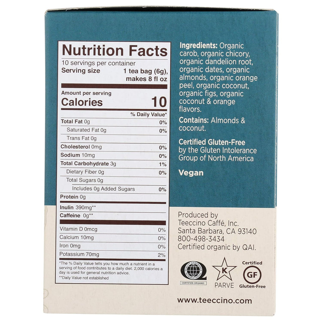Teeccino Dandelion Root Tea – Coconut – Caffeine Free, Roasted Herbal Tea with Prebiotics, 3x More Herbs than Regular Tea Bags, Gluten Free - 10 Tea Bags