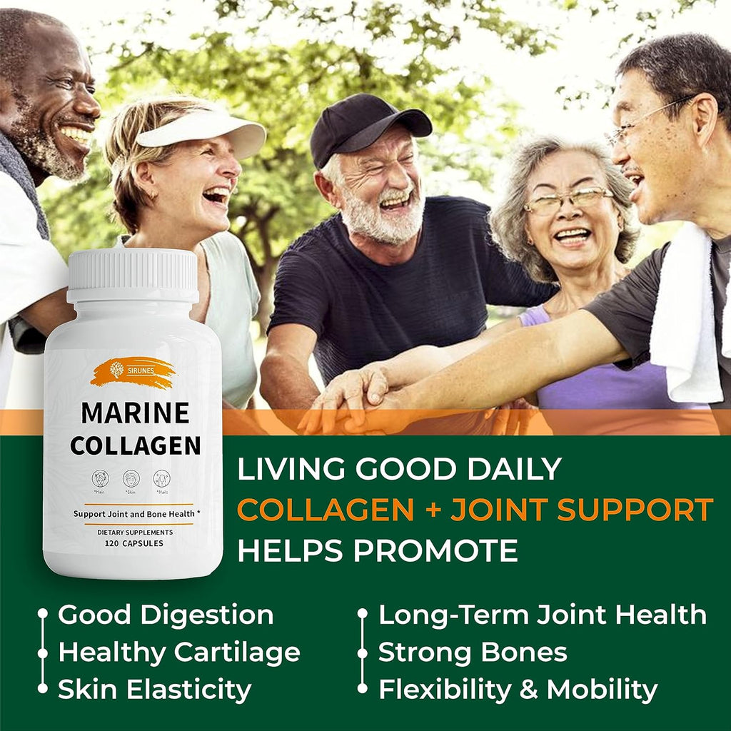 SIRUNES Marine Collagen Peptides, 120 Capsules - Fish Collagen Supplements for Women, Great for Hair, Skin, Nails, Joints & Bones - Made in USA