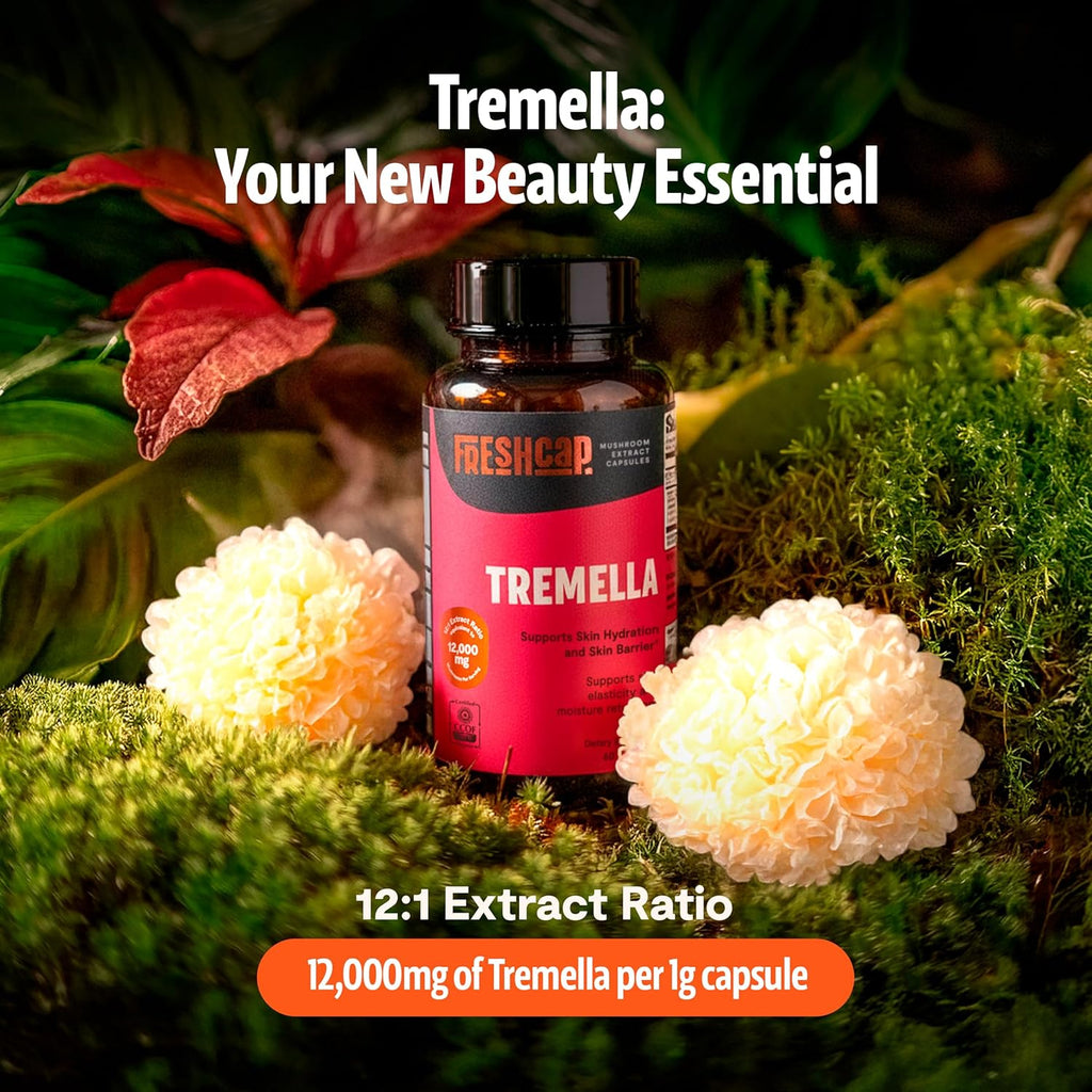 Tremella Mushroom Capsules 12,000 mg – Organic Snow Mushroom for Hair, Skin, and Nails Hydration, Radiance, & Elasticity – Functional Mushroom Supplement, Extract 12:1, 40% Beta Glucans (60 Capsules)
