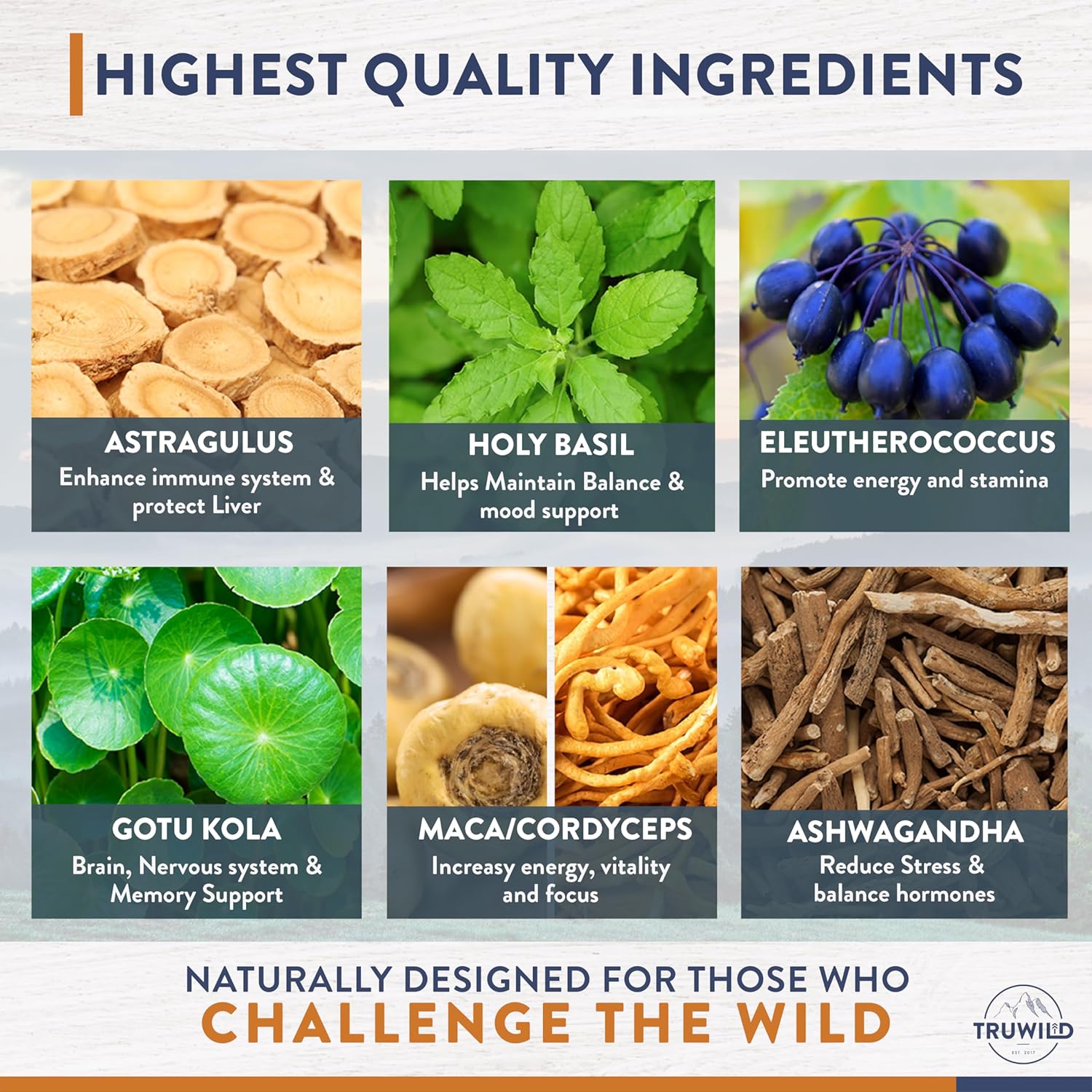 TruWild Adaptogen Blend with Cordyceps Maca Ashwagandha - Full Spectrum Mushroom Blend for Daily Support and Function, All Natural Formula with 7 Key Ingredients, 60 Capsules