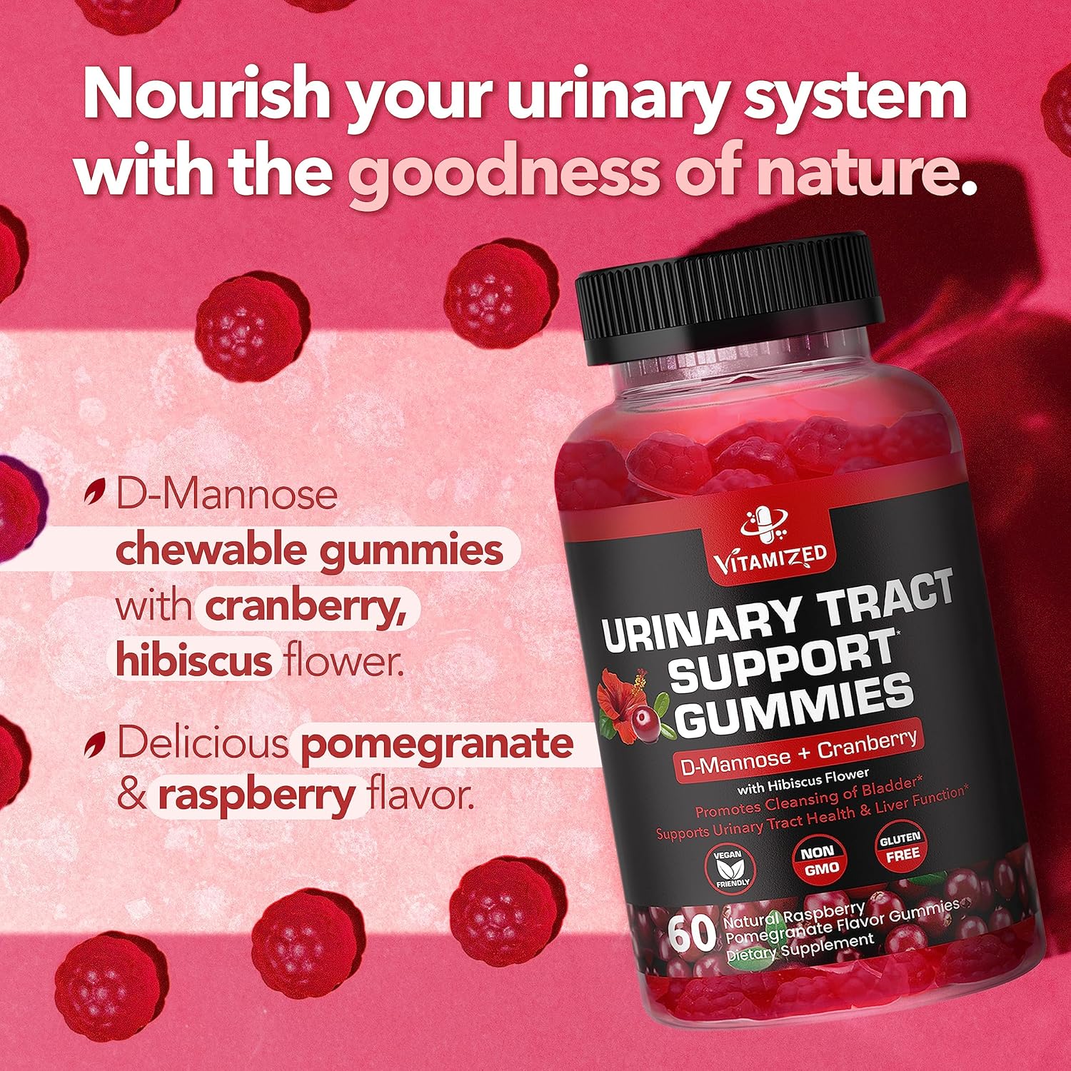 Potent Cranberry Gummies 1500mg with D Mannose - Urinary Tract Health for Women & Men, Urinary Flush & Bladder Fast-Acting Support Supplements with Hibiscus Powder, 60 Count