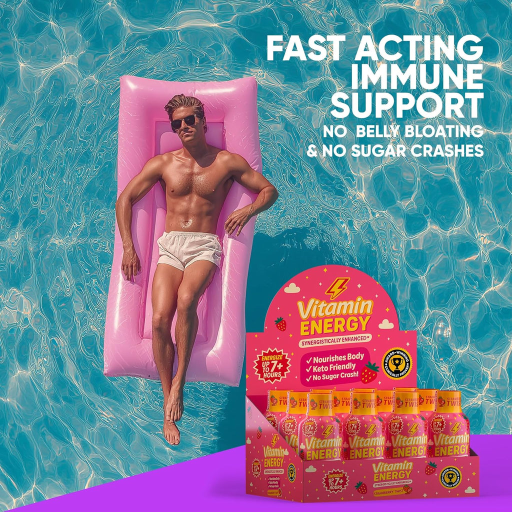 Vitamin Energy Immune+ Extra Strength Energy Shot Strawberry Twist 12 Pack, 260mg Natural Caffeine, B-Vitamins, Citicoline, Green Tea, Immunity & Focus Support, Zero Sugar, Gluten-Free 1.93 fl oz