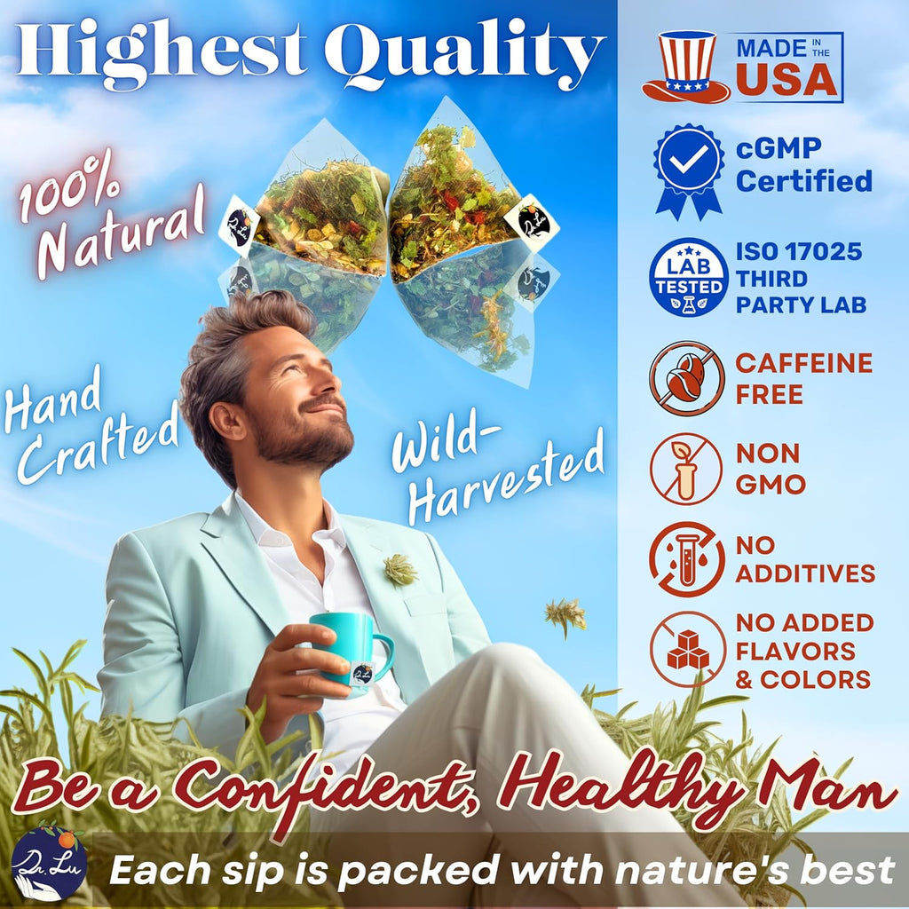 Dr. Lu’s Happy Tea for Guy | 100% Natural Energy Tea for Men | Supports Prostate, Vitality & Fertility | 11-Herb Blend with Maca, Corn Silk & Hibiscus in Corn Fiber Tea Bags Made in USA