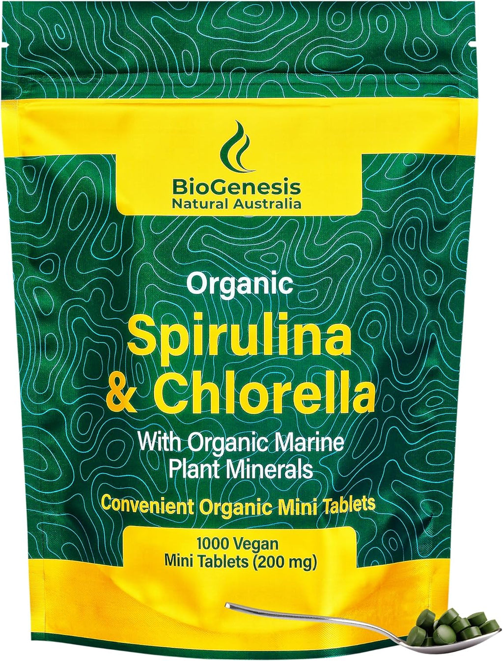 Biogenesis Organic Spirulina, Chlorella & Marine Plant Minerals - 1000 Count (200 mg) | Australian Grown Algae Superfood | Support Energy & Immunity | Vegan Mini Tablets
