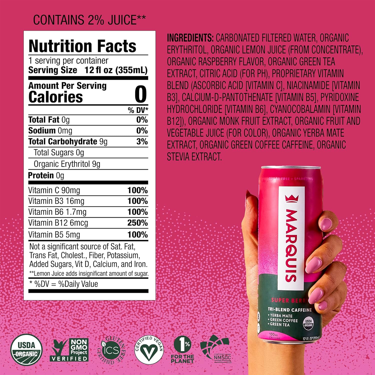 Marquis - Natural Energy Drink - Super Berry - Sugar Free - 0 Calories - 100mg of Organic Plant Based Caffeine - Yerba Mate - Green Tea - Vitamin C & B Vitamins - Vegan - 12 oz Cans - 12 Pack
