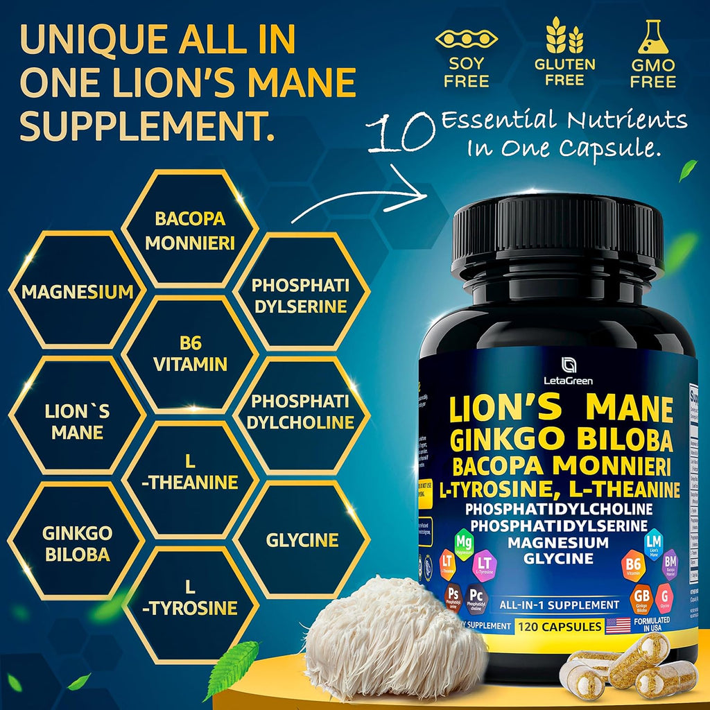 Organic Lions Mane Supplement Capsules - 240 Real Mushrooms Lion's Mane Capsules with Ginkgo Biloba Herb, Bacopa Monnieri, L Theanine, L Tyrosine - Mushroom Complex for Daily Wellness
