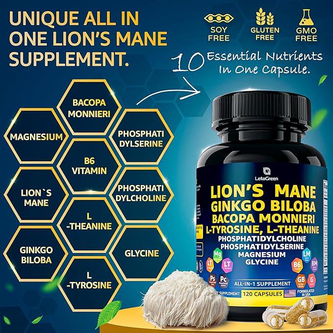 Organic Lions Mane Supplement Capsules - 360 Real Mushrooms Lion's Mane Capsules with Ginkgo Biloba Herb, Bacopa Monnieri, L Theanine, L Tyrosine - Mushroom Complex for Daily Wellness